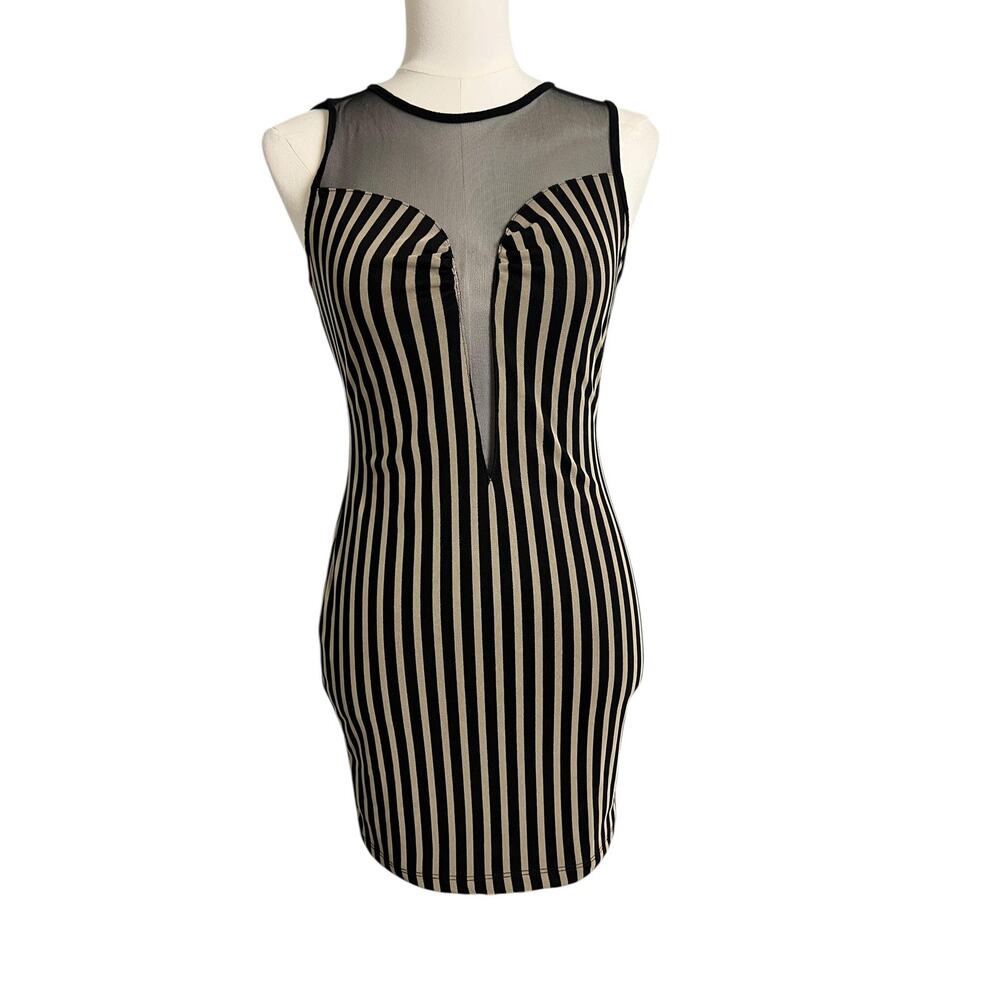 XXI Bodycon Mini Dress Juniors M Black Striped Mesh Sheer Illusion Party Club - Picture 2 of 6